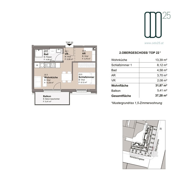 ODO25, Top 22, Mustergrundriss 1,5-Zimmerwohnung, 2. Obergeschoss