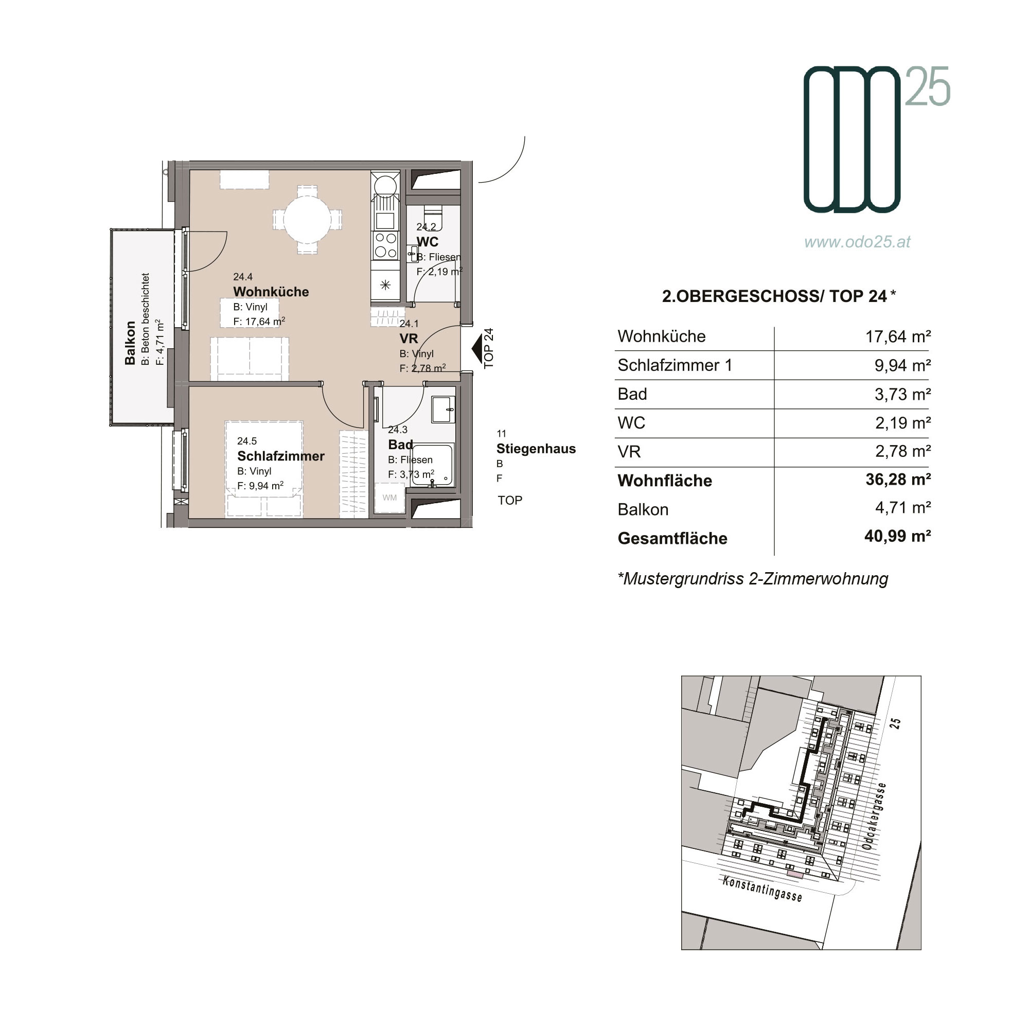 ODO25, Top 24, Mustergrundriss 2-Zimmerwohnung, 2. Obergeschoss