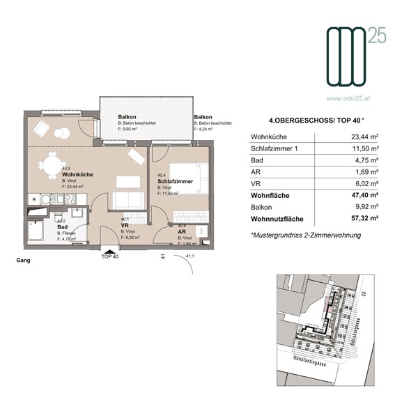 ODO25, Top 40, Mustergrundriss 2-Zimmerwohnung, 4. Obergeschoss